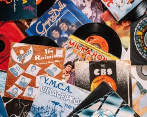 set of retro vinyl records on table