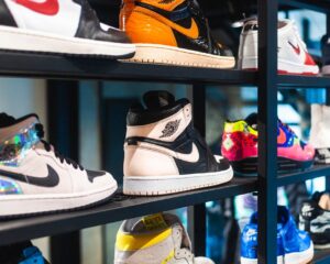 branded sneakers on shelves